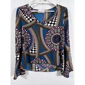 Tilly Anne Blouse Womens Medium Multicolor Geometric Boho Flare Sleeve Top
